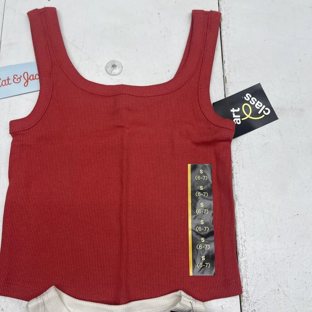 Cat & Jack Art Class Outfit Set Girls Small 6-7 Red Cream Tanks Black Leggings